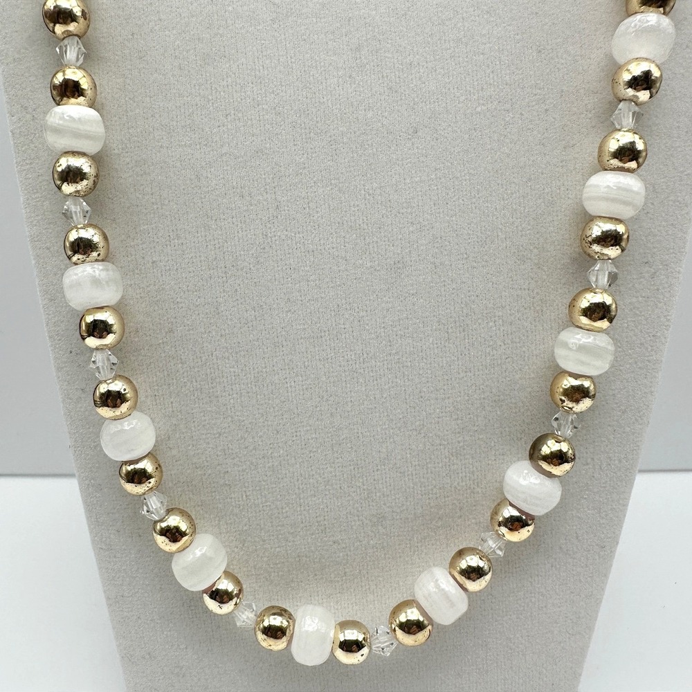 Vintage 90s Agate Coated Plastic Bead Necklace White Gold Tone Statement Jewelry